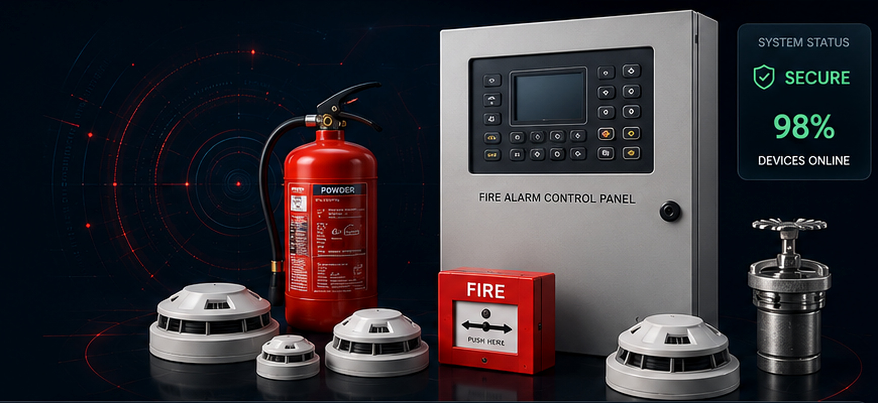 Fire alarm control panel, extinguisher, detectors and suppression equipment
